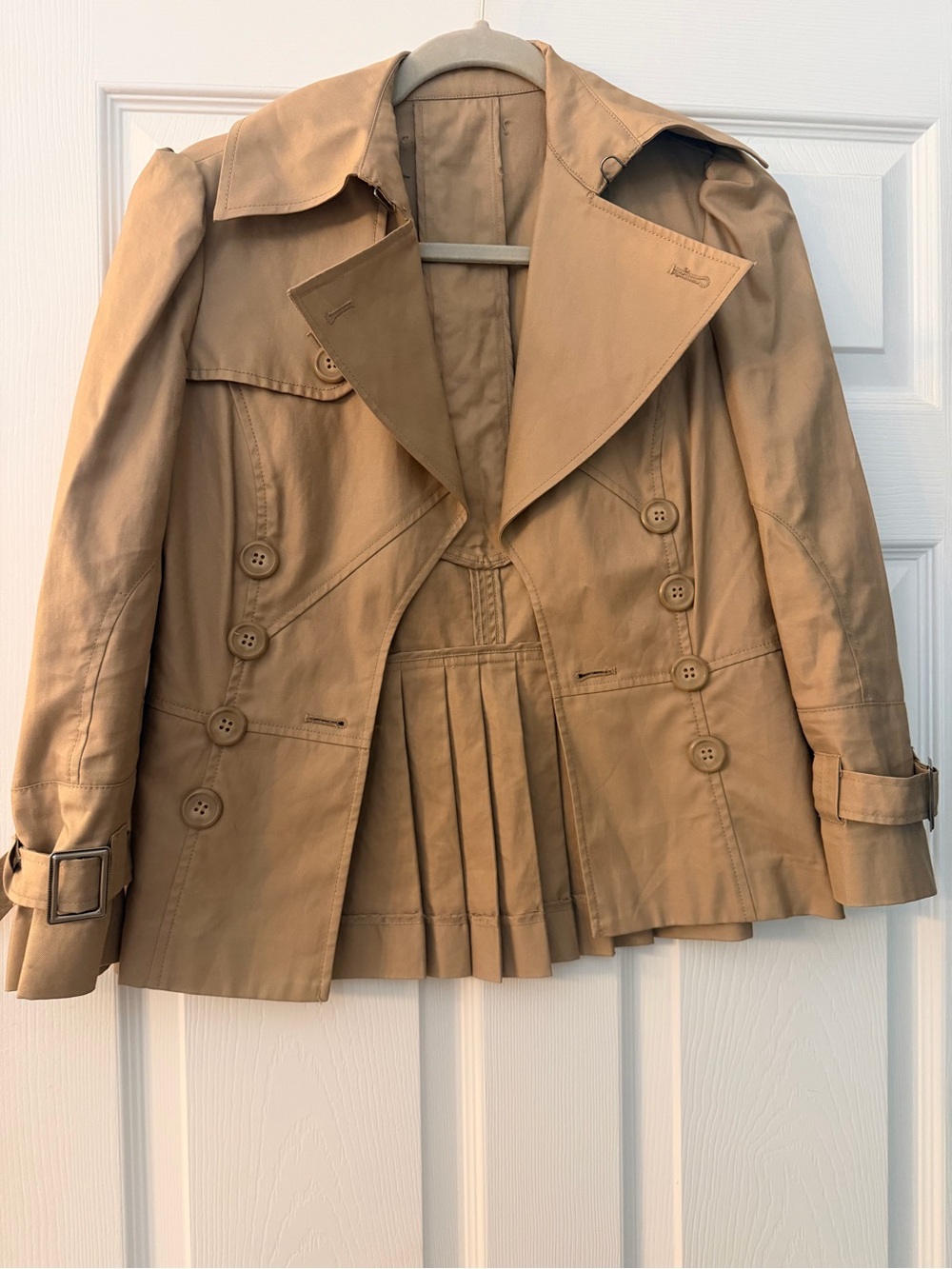 Beige Double-Breasted Pleated Trench Jacket